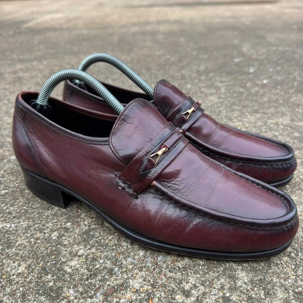 Vintage 80s Florsheim Imperial Burgundy Leather Horsebit Loafers Mens Size 8.5 D